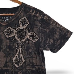 Affliction T-Shirt Mens Medium Black V-Neck Angel Wings Cross Bleach Wash Y2K M