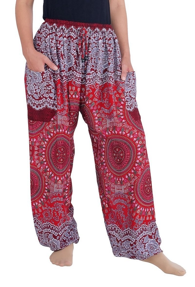 ‘s Boho Drawstring Smocked Waist Rayon Harem Yoga Pants (S, Burgundy)