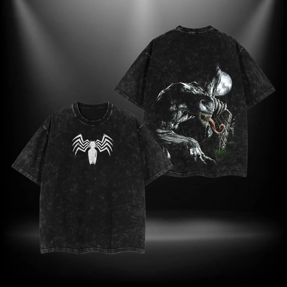 Retro Symbiote White Spider Chest Symbol & Night Moon Background Fanged Tongue