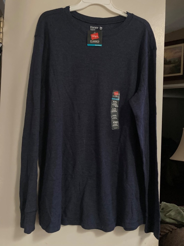 Hanes Mens Navy Blue Crewneck Thermal Long Sleeve Shirt Size 2X (50-52) NWT