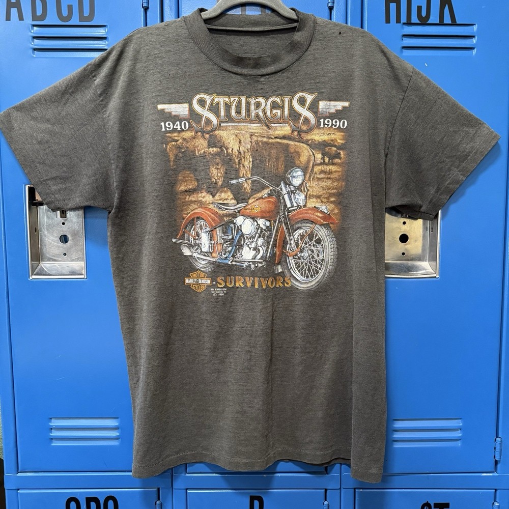 1991 Sturgis Halrey Davidson 3D Emblem Faded Black T Shirt Large VTG