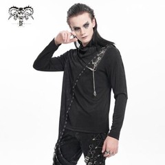 Devil Fashion Men Black Gothic Punk Chain Asymmetric Fitted Long Sleeve T-Shirt