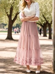 Tulle Skirts for Women Long Pleated Maxi Skirt High Elastic Waist A Line Full…