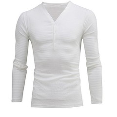 Mens Solid Long Sleeve T shirt with Deep V Neck and Button Front Blouse