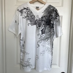 VTG ODM Men’s Faith V-Neck XL T-Shirt Cross Graphic Tee Affliction Style Y2K