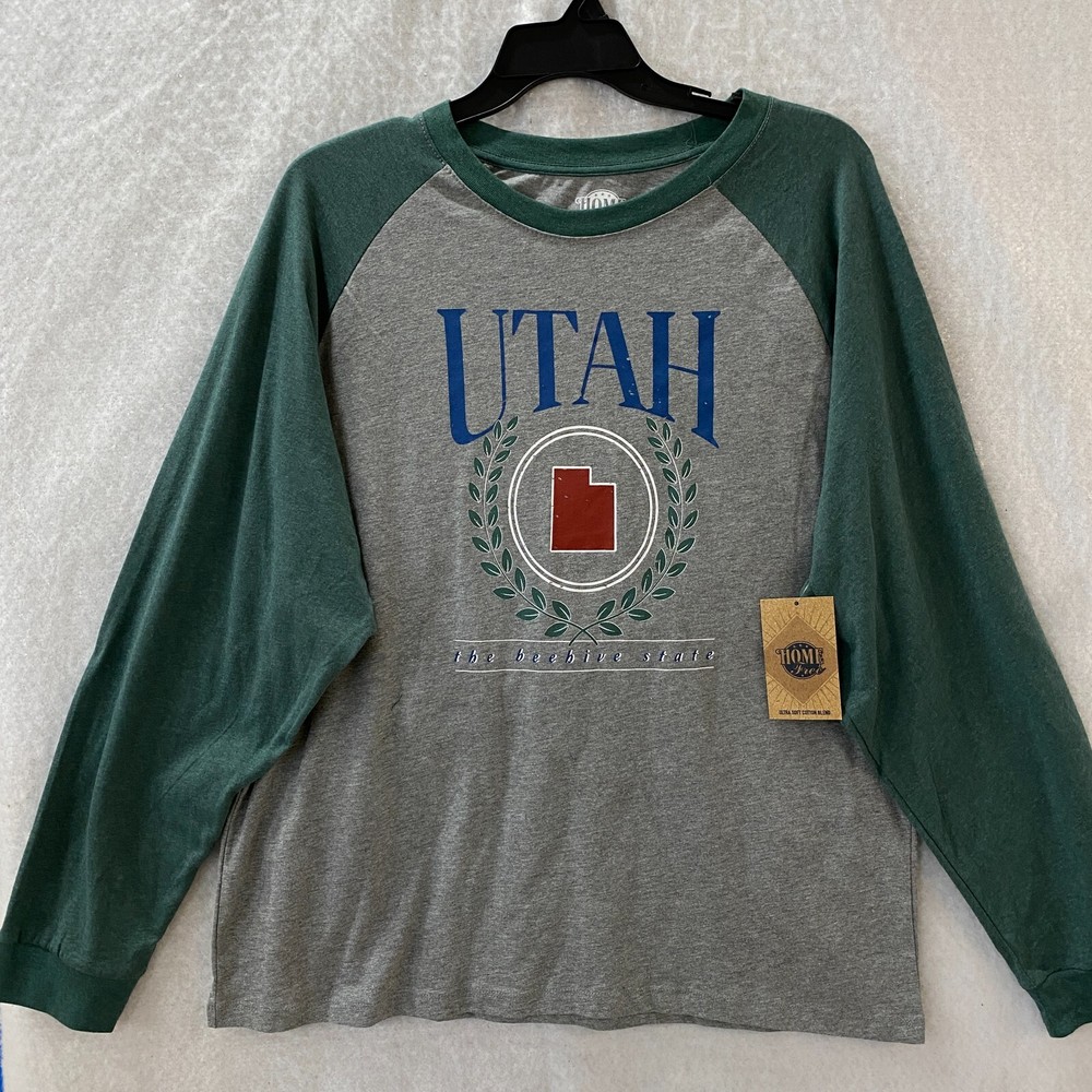Utah T-Shirt Men’s Medium The Beehive State Home Free Raglan Sleeve Gray Green