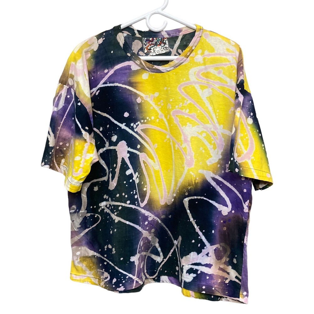 VTG Climate Colorful Tie Dye Scribble Art AOP Boxy T-Shirt L Single Stitch