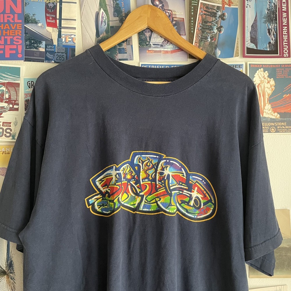 Vintage 90s JNCO Flame Graffiti T-Shirt Skater Y2K Baggy Cartoon large bubble