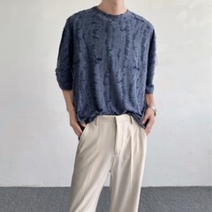 Men Retro Thin Short Sleeve Shirt Ripped Hollow Blouse American Style Tops Soft