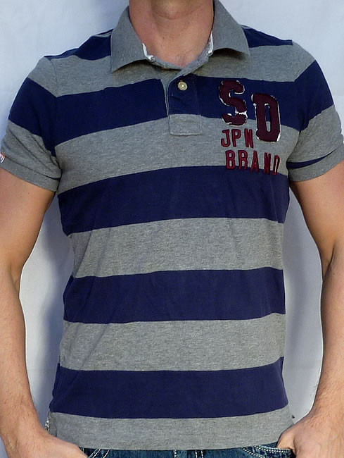 Superdry Men’s – STRIPE POLO – T-Shirt – NEW – Dark Marl Grey / Navy