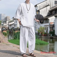 Retro Chinese Style Men’s 3/4 Sleeve Shirt Top Ankle Pants Casual Loose 2pcs Set