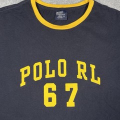 Polo Ralph Lauren Ringer T Shirt Mens M Vintage 90s RL 67 Spellout Navy Yellow