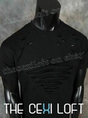 Mens KROME brand T Shirt Shredded Front Holes Black HipHop Slim Fit