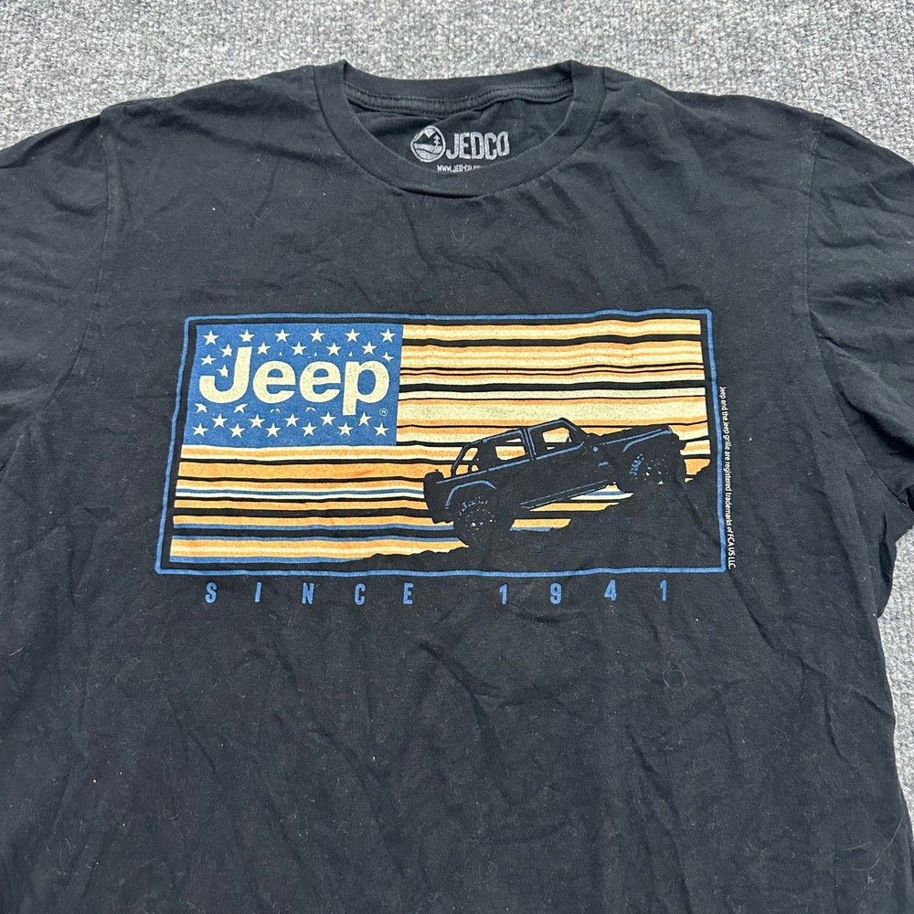 Jeep T-Shirt Mens Size MD Black Graphic Flag Off-Road Short Sleeve Crew Neck Tee
