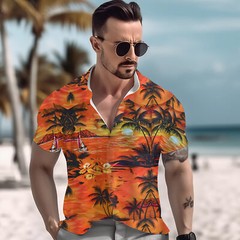 Mens Hawaiian Shirt Floral Palm Tree Sunset Surf Beach Sea Holiday Stag Dance