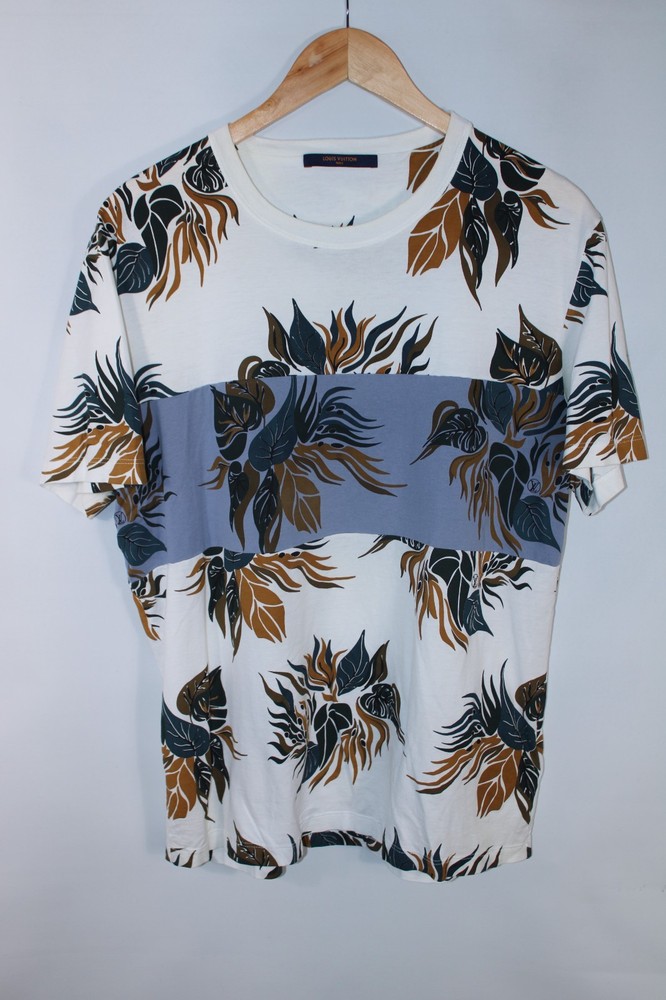 Louis Vuitton Men’s Large White Blue Short Sleeve Leaf Print Cotton T-Shirt