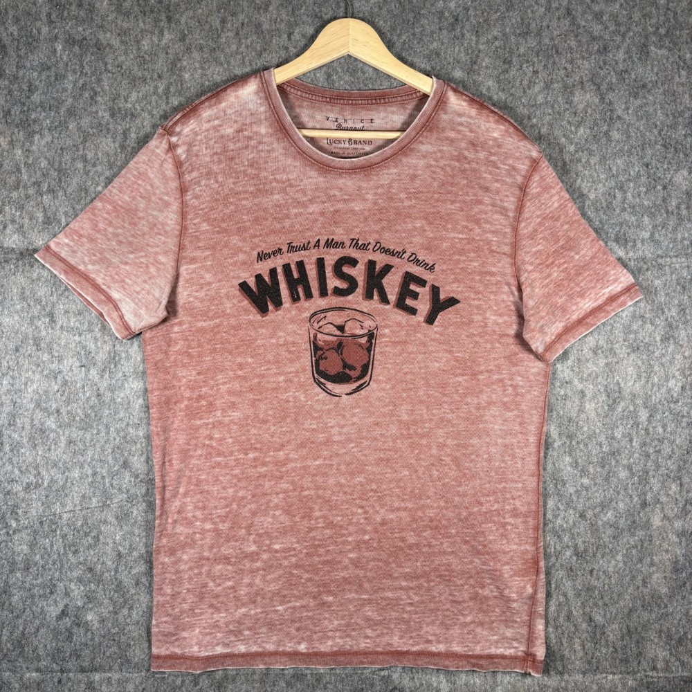 Lucky Brand Venice Burnout T-Shirt Men’s Medium Short Sleeve Red Whiskey Alcohol