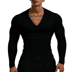 Men’s Athletic Pullover Top with V Neck Long Sleeves and Bold Stripe Design