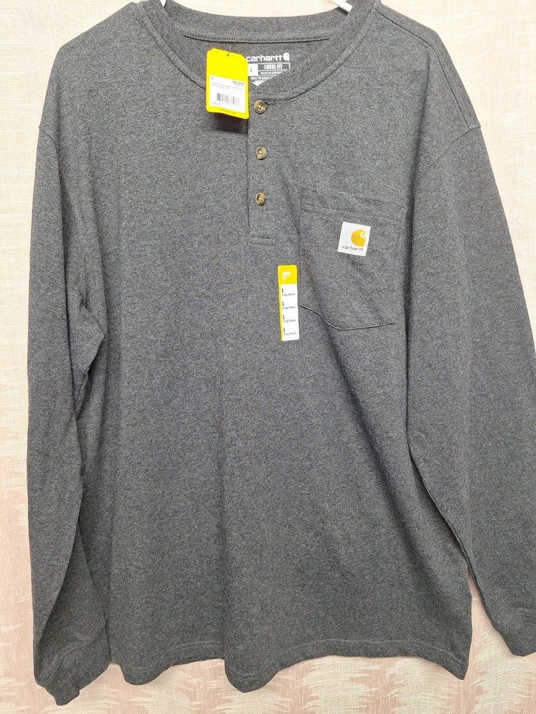 Carhartt Long Sleeve Henley Shirt Size L Grey Cotton Loose Fit TK128 Heavyweight