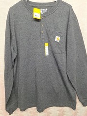 Carhartt Long Sleeve Henley Shirt Size L Grey Cotton Loose Fit TK128 Heavyweight