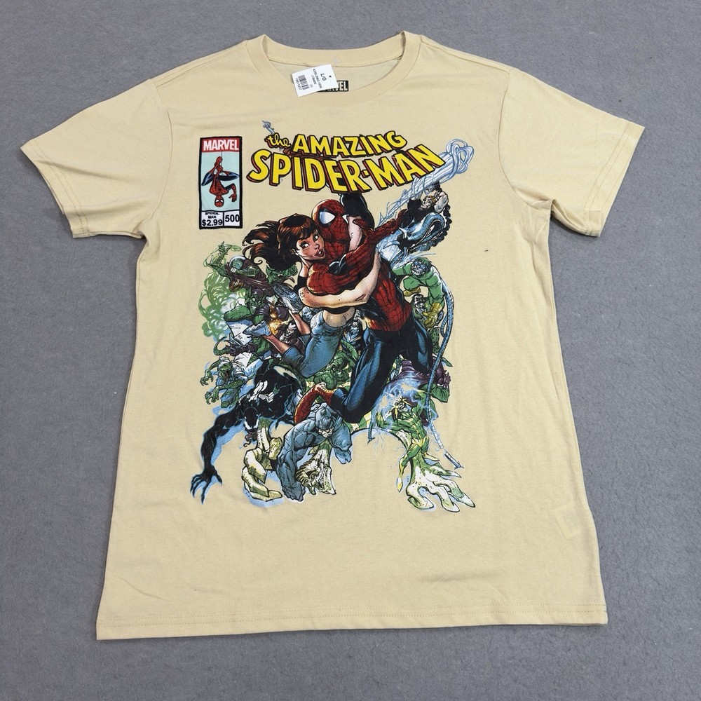 Marvel Spider-Man Shirt Mens Large Tan Graphic Comic Book Tee Short Sleeve NEW