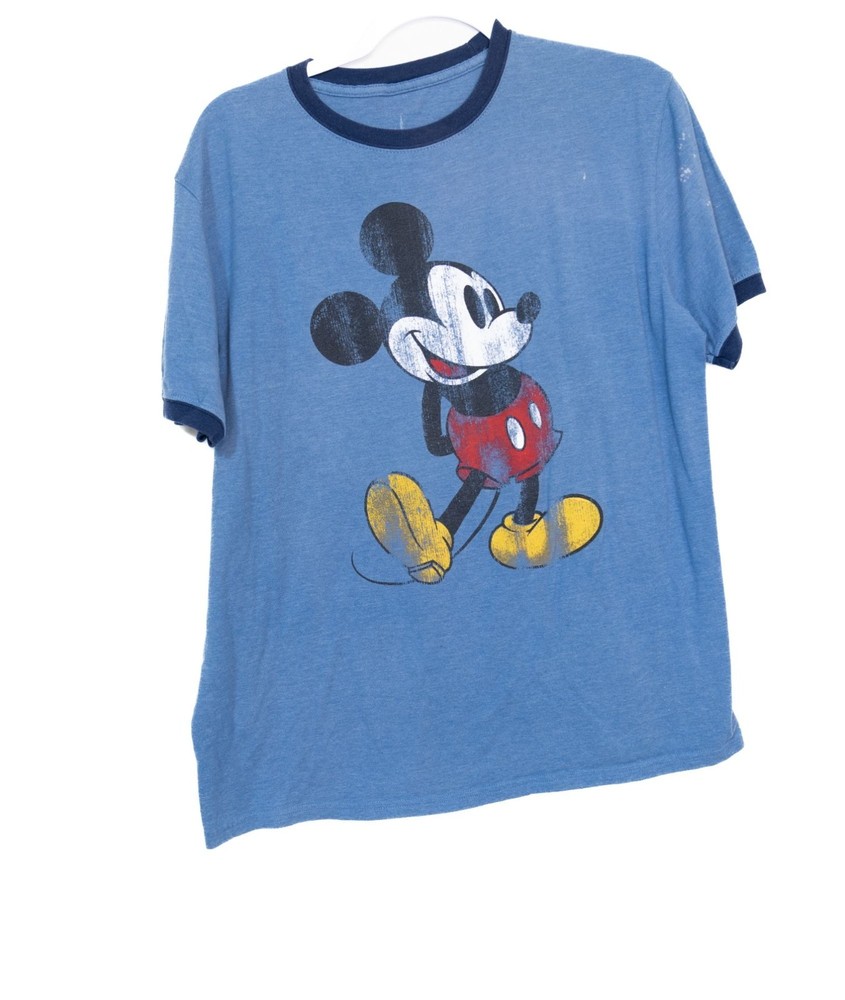 Vintage Blue Size M Mickey Mouse Graphic T-Shirt With Contrast Collar Mens