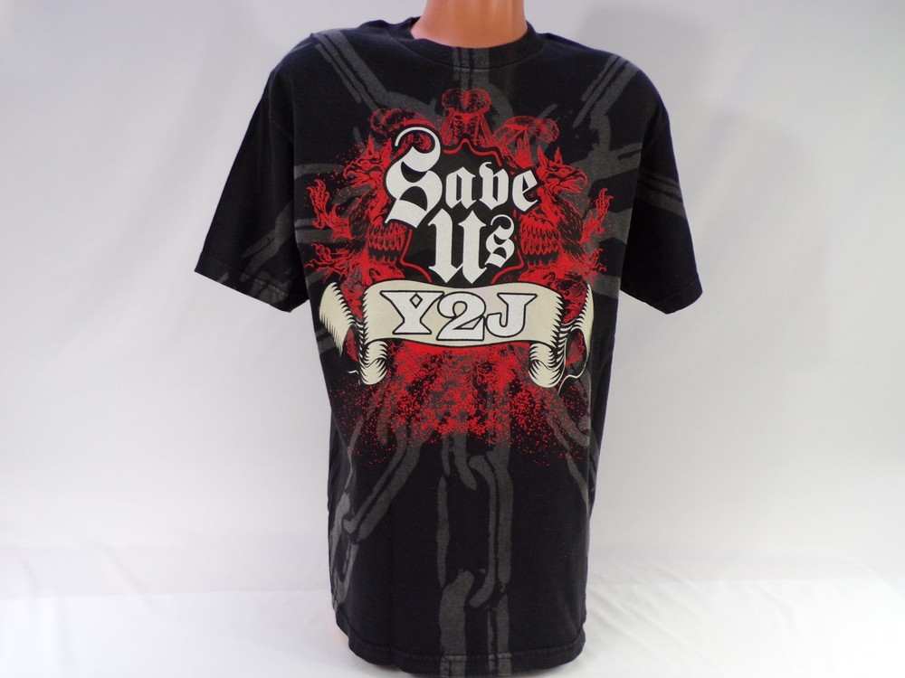 Vintage WWE SAVE US Y2J T Shirt Mens L Black w/Red Dragons & Chains Cotton G25