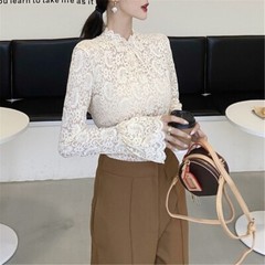 Women Long Sleeves Blouse Turtleneck T-shirt Stretch Lace Bottoming Tops