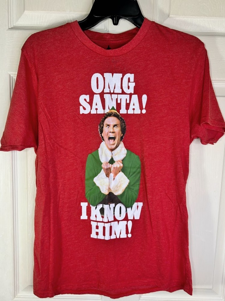 Elf OMG Santa! I Know Him! Will Ferrell Christmas Movie Graphic T-Shirt Medium