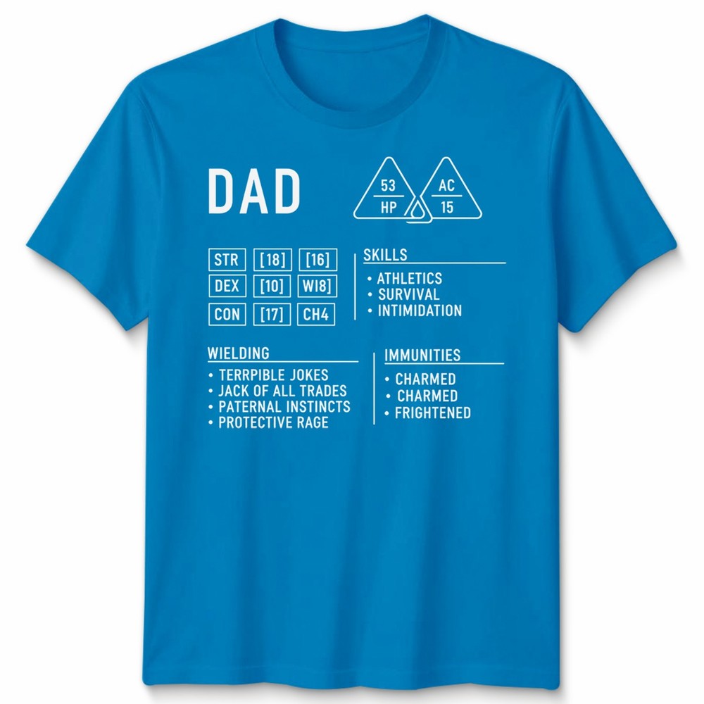 Dad Dungeons Mens T Shirt Dragons Character Sheet Fathers Day Gift DND RPG