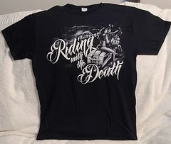 SKELETON SEXY WOMAN MOTORCYCLE BIKER RIDING WITH DEATH HOLLYWOOD T-SHIRT SHIRT