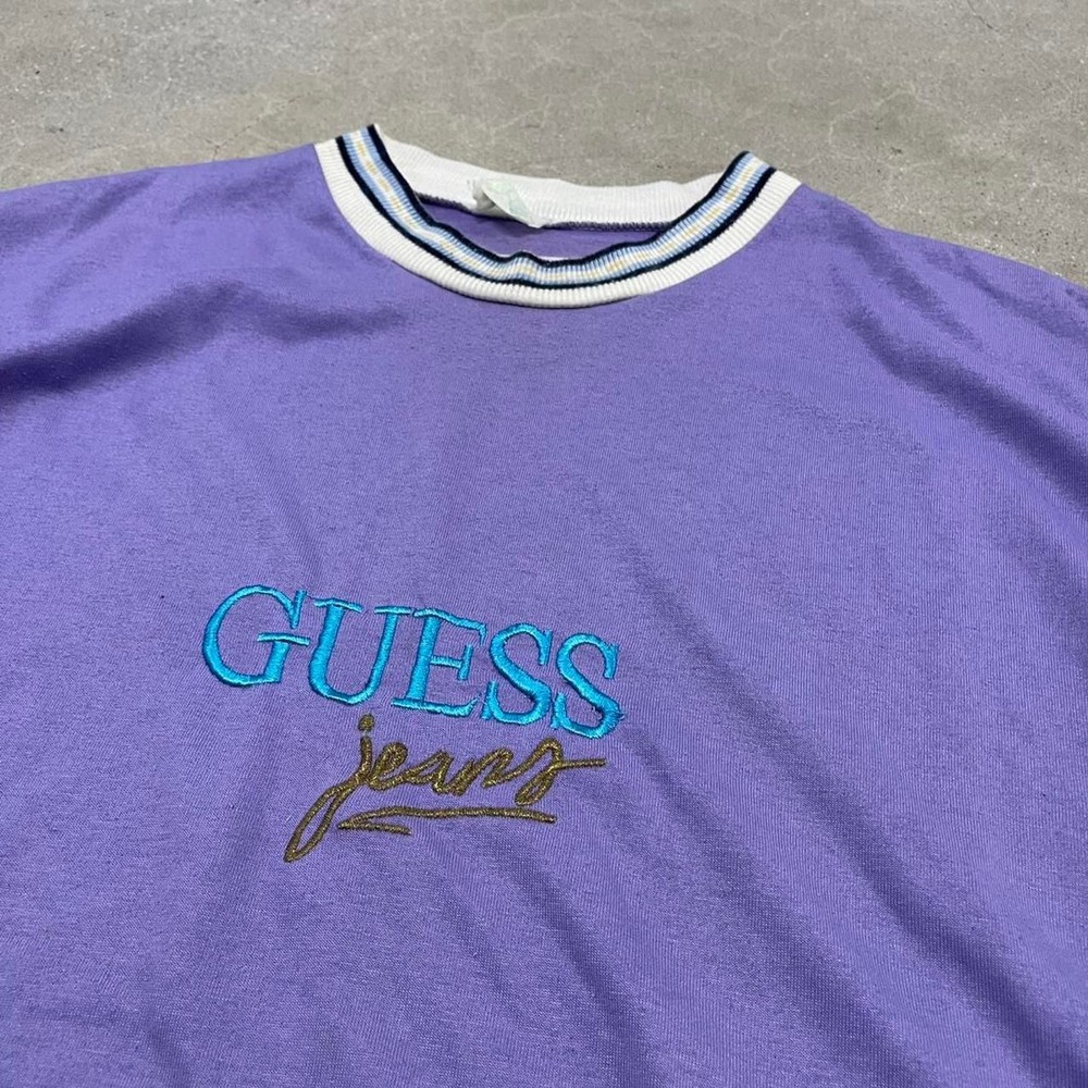 Vintage Guess Purple Embroidered Men’s Shirt Cyan Gold Logo Multi-Color 90s VTG