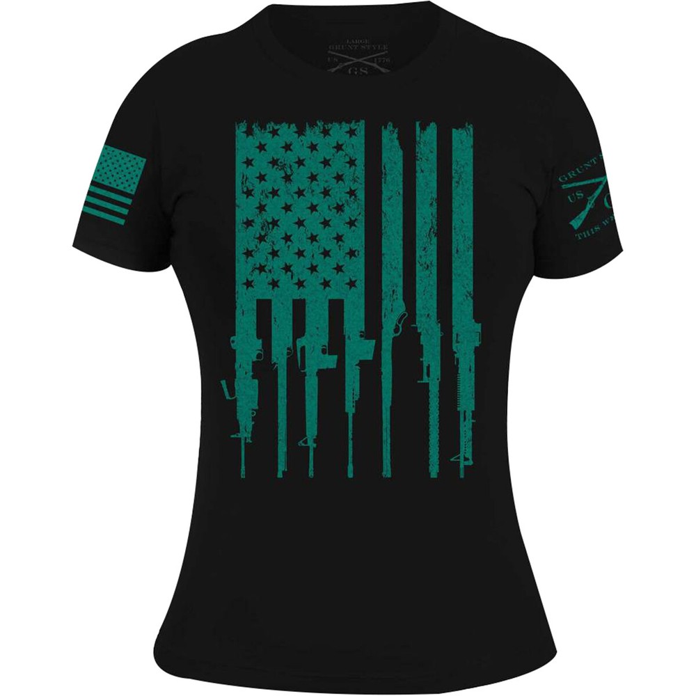 Grunt Style Women’s Rifle Flag Crewneck T-Shirt – Black/Teal
