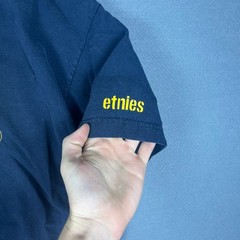VTG Etnies Mens Graphic T-Shirt Navy Blue Yellow Headphone Skate Logo Size M