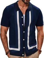 Mens Vintage Striped Knitted Polo Shirt Short Sleeve Button Down Golf Casual Top