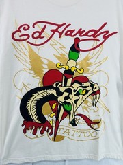 Ed Hardy T-Shirt Medium Rhinestone Dagger Snake Eagle Tattoo NWT Ivory