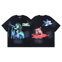 Men’s Hell Studios star Hip hop Angel Devil Singing tee washed T-shirt