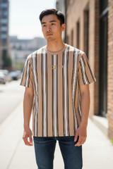 Brooklyn Laundry Shirt Mens Medium Tan Vertical Stripe Tokyo Graphic Crewneck