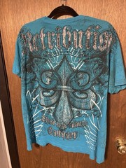Retribution Men’s Large Y2K Graphic T-Shirt Eagle Snake Cross Biker Tattoo Blue