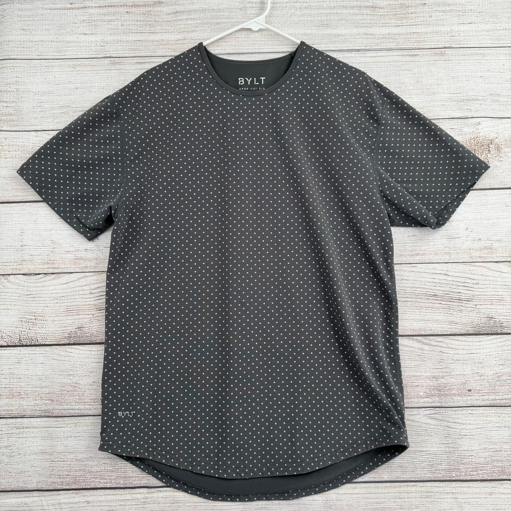 BYLT Drop Cut Lux Polka Dot Short Sleeve T-Shirt Mens XL Gray Stretch Round Hem