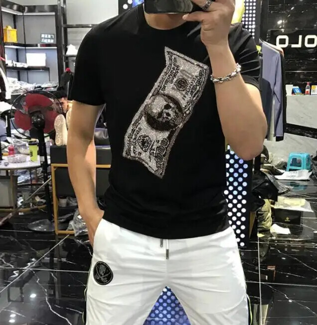 New Fashion Skull Trend Rhinestone Summer Short Sleeve Luxury Men Cotton T-Shirt