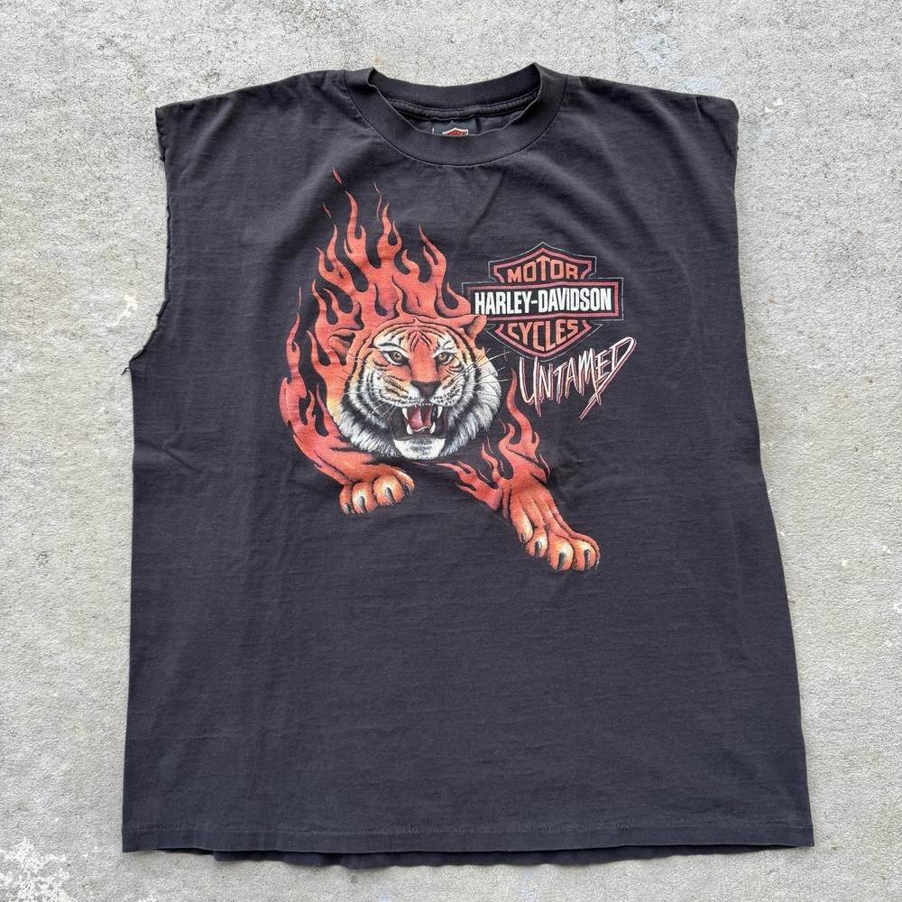 Vtg Harley Davidson Untamed Tiger Flame T Shirt XL Chopped Cut Sleeves Spokane
