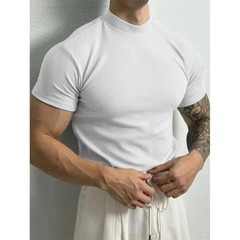 Men T Shirt Stripe Print Short Sleeve Elastic Fit High Collar Sport Gym Training