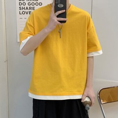 Summer Men’s Cotton Loose Casual Large Size Fake Two Pieces Short Sleeve T-Shirt