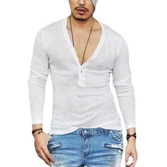 Mens Solid Long Sleeve T shirt with Deep V Neck and Button Front Blouse