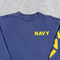 Soffe Vintage Navy Logo Long Sleeve T-Shirt Fits Men’s Size Large Blue Yellow