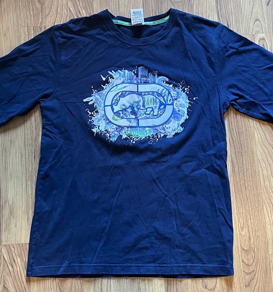 Ecko Unltd Navy “The Block Is Hot” T-Shirt Plastic Embroidered Graffiti Rhino XL