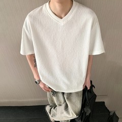 Men’s V Neck Short Sleeve T Shirt Loose Fit Pure Color Texture Casual Top