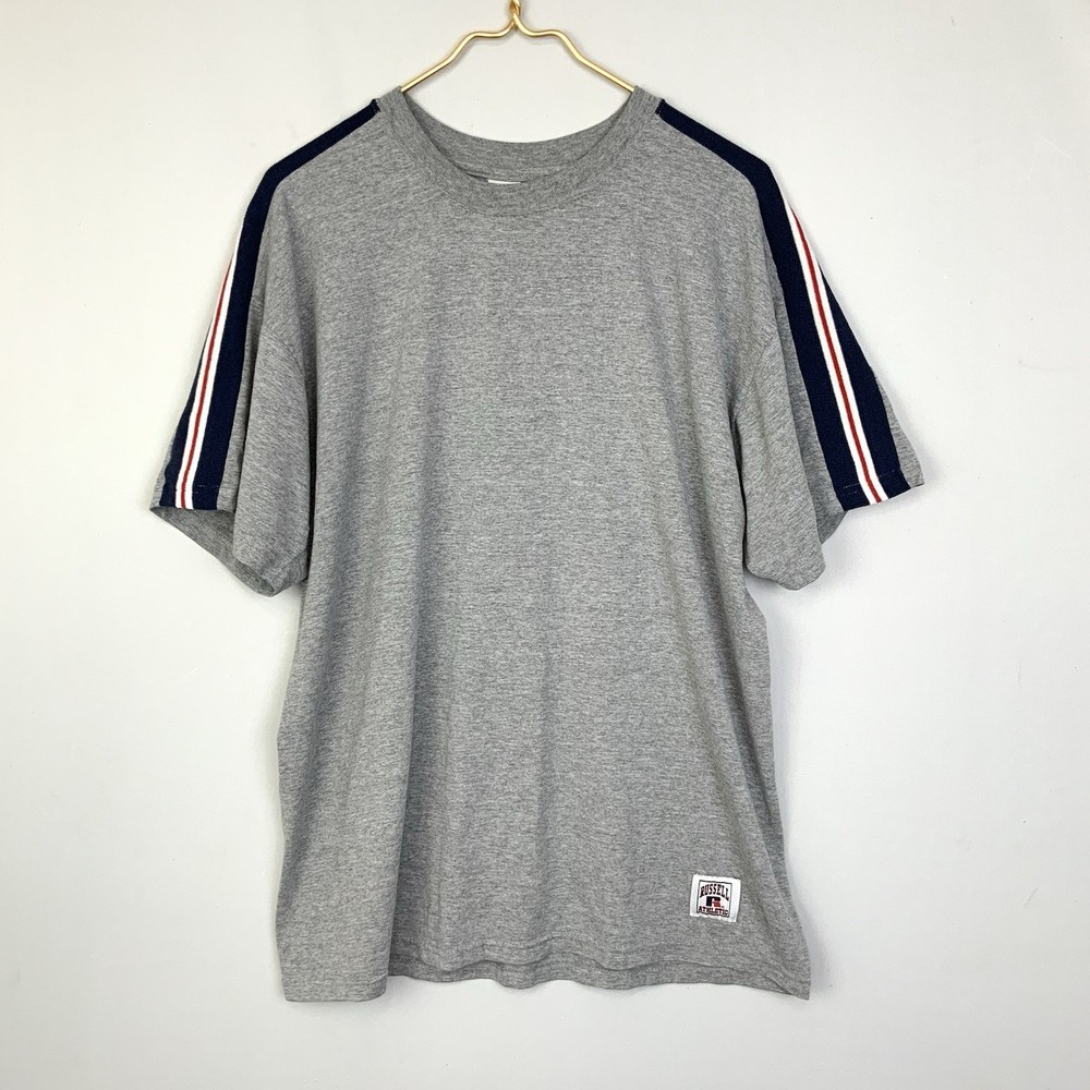 Vintage Russell Athletic Mens Large Gray W/ Jersey Stripes Sleeve Shoulder 90s