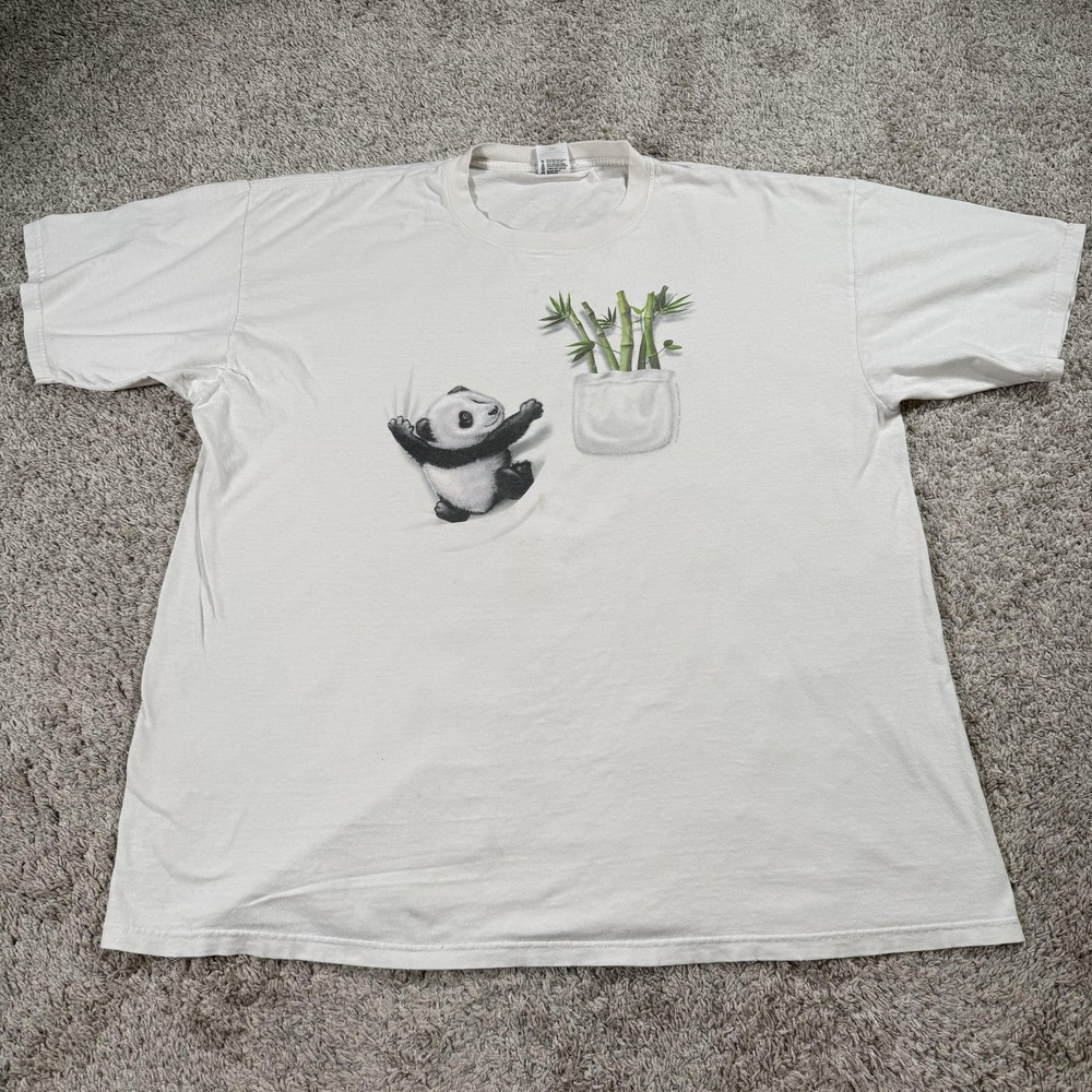 Anvil Shirt Mens 2XL White Panda Bamboo Pocket Graphic Back Print Tee Cute